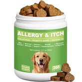 ChoHeel Dog Allergy Chews bottle with label, easy daily supplement for seasonal itch relief.
