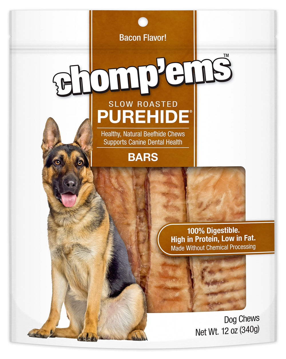 CHOMP 'EMS Purehide bacon flavor beefhide chew for dogs, long-lasting dental support.
