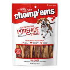 CHOMP EMS Purehide Bacon Sticks pack front, high-protein dog chew.