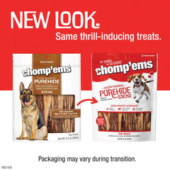 CHOMP EMS Purehide Bacon Sticks thick beefhide texture for durable chewing.