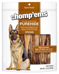 CHOMP EMS Purehide bacon-flavor sticks in bag, long-lasting dog chew.