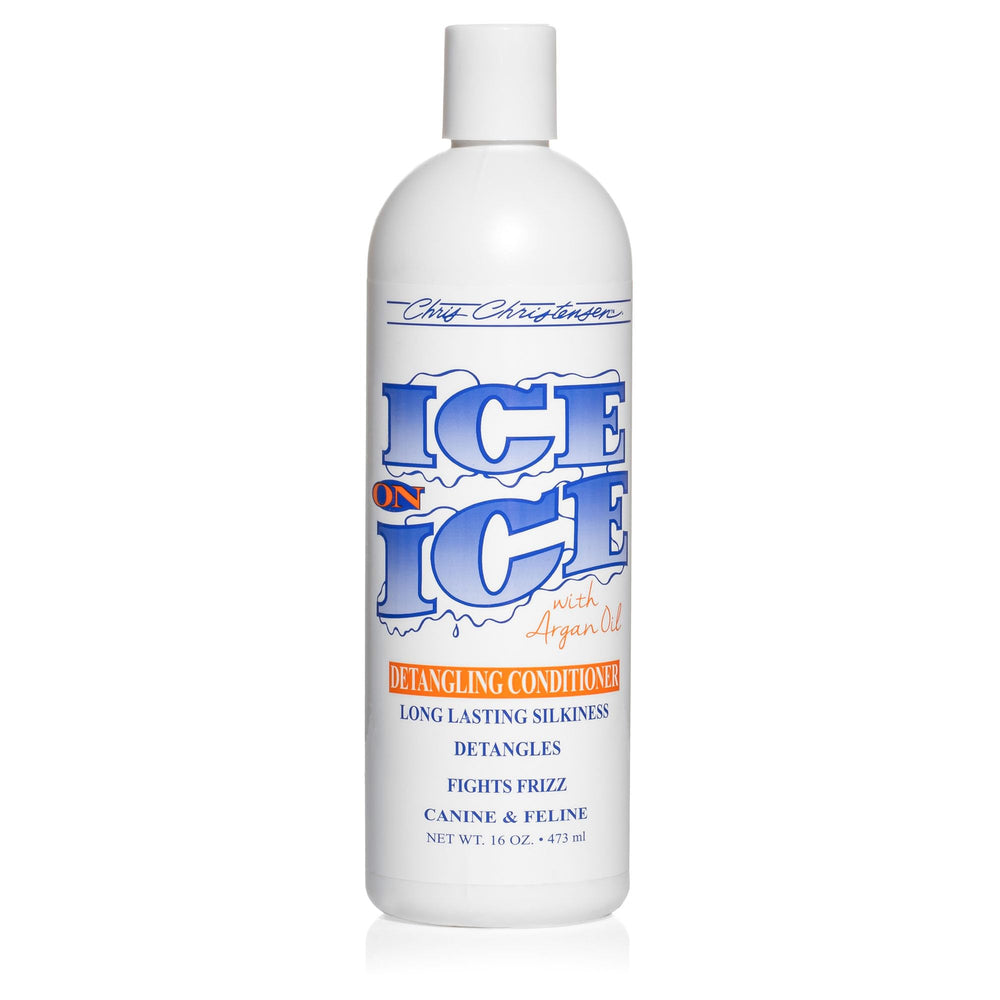 Chris Christensen Ice on Ice detangler bottle showing easy grooming for knot-free coats