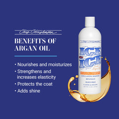 Pouring Ice on Ice detangling conditioner to detangle coats
