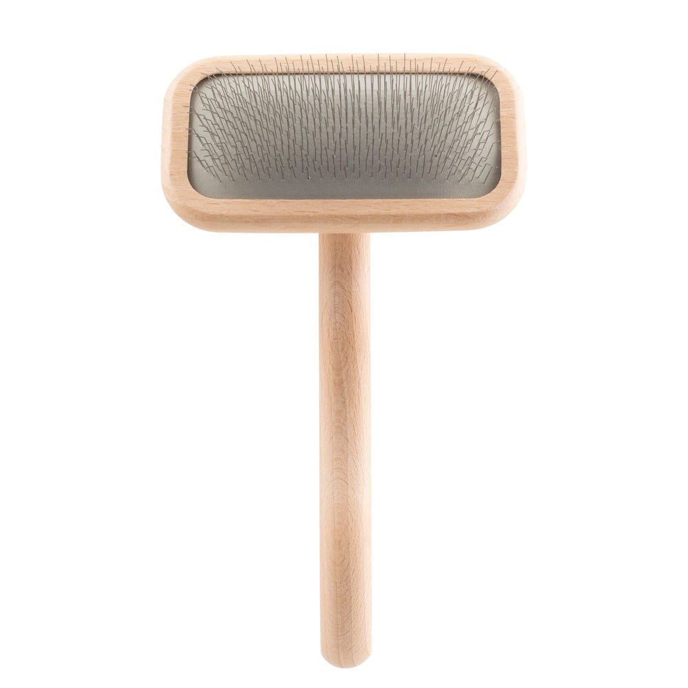 Chris Christensen Mark II Slicker Brush dog pins close-up for detangling shorter coats.