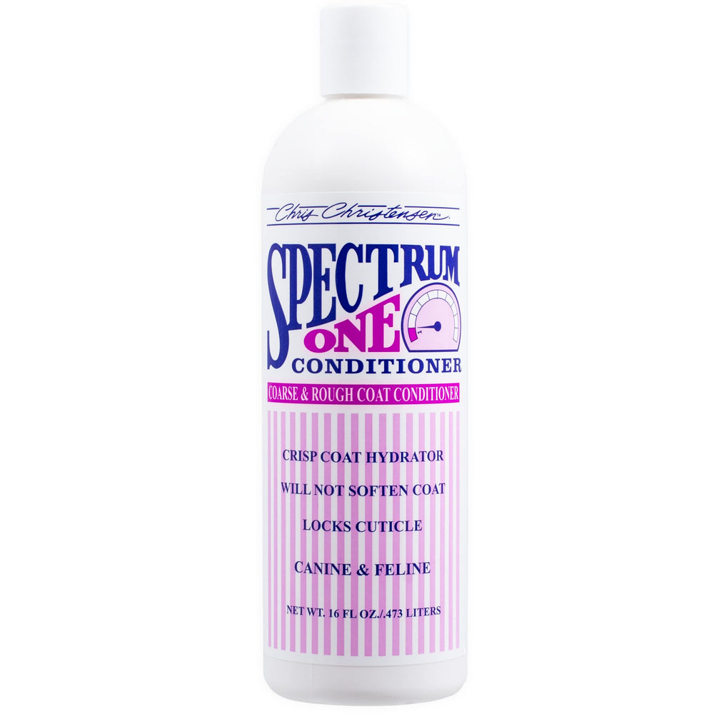 Chris Christensen Spectrum One conditioner bottle for coarse coats hydrates inner cortex for smoother manageability.