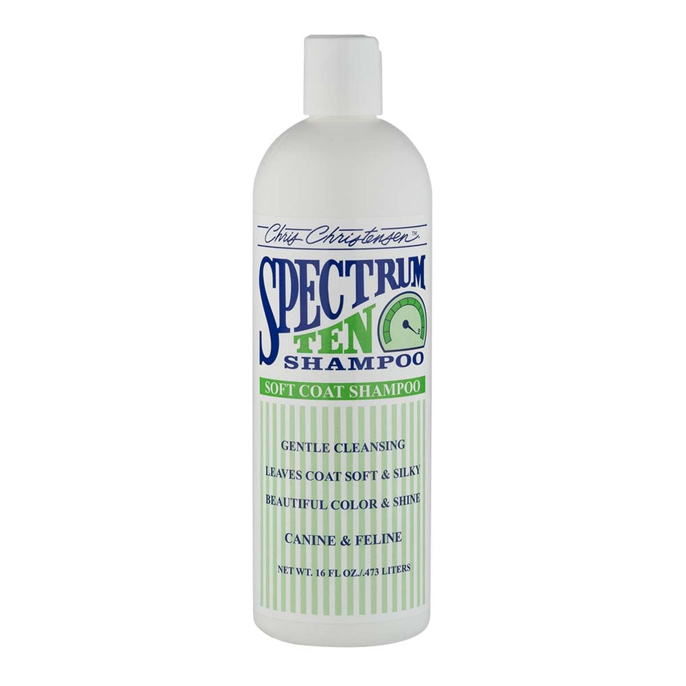 Chris Christensen Spectrum Ten shampoo bottle ready for professional grooming and gentle coat cleansing.