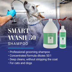 Chris Christensen SmartWash 50 label closeup shows concentrated professional shampoo.