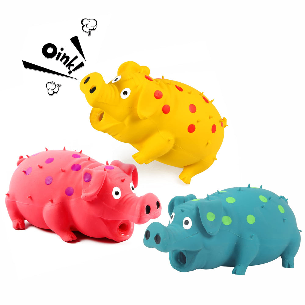 ChubbyPiggies 3-Pack squeaky pig toys close-up showing durable latex and interactive sounds.