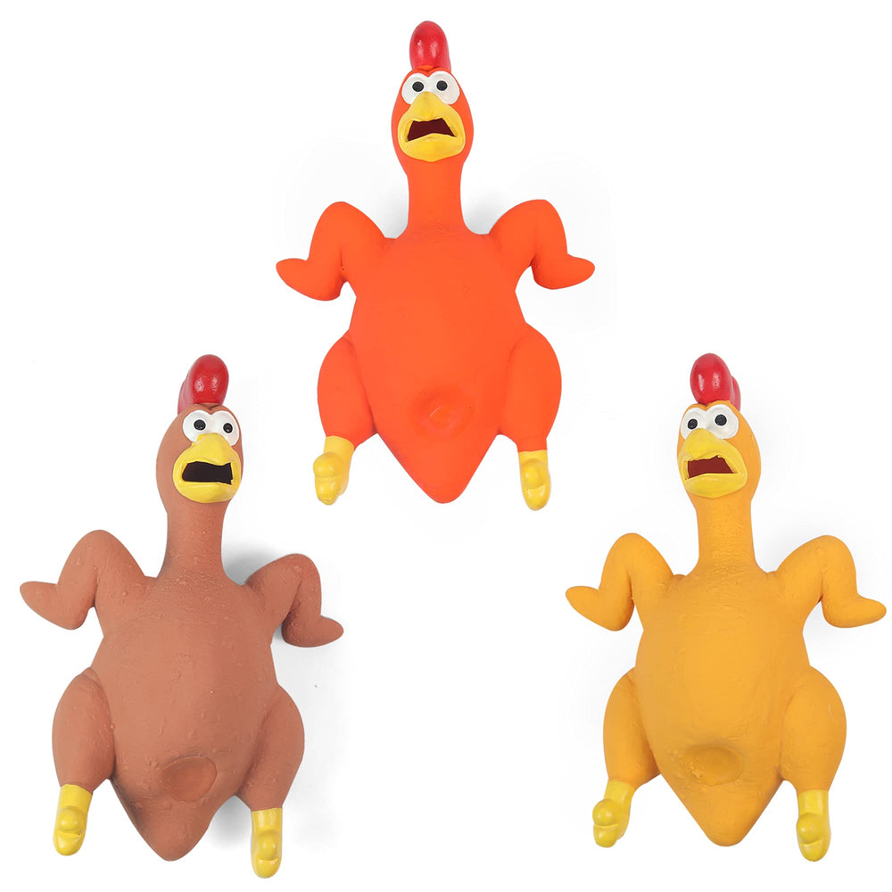 ChubbyPiggies rubber chicken toy with squeaker for interactive play.