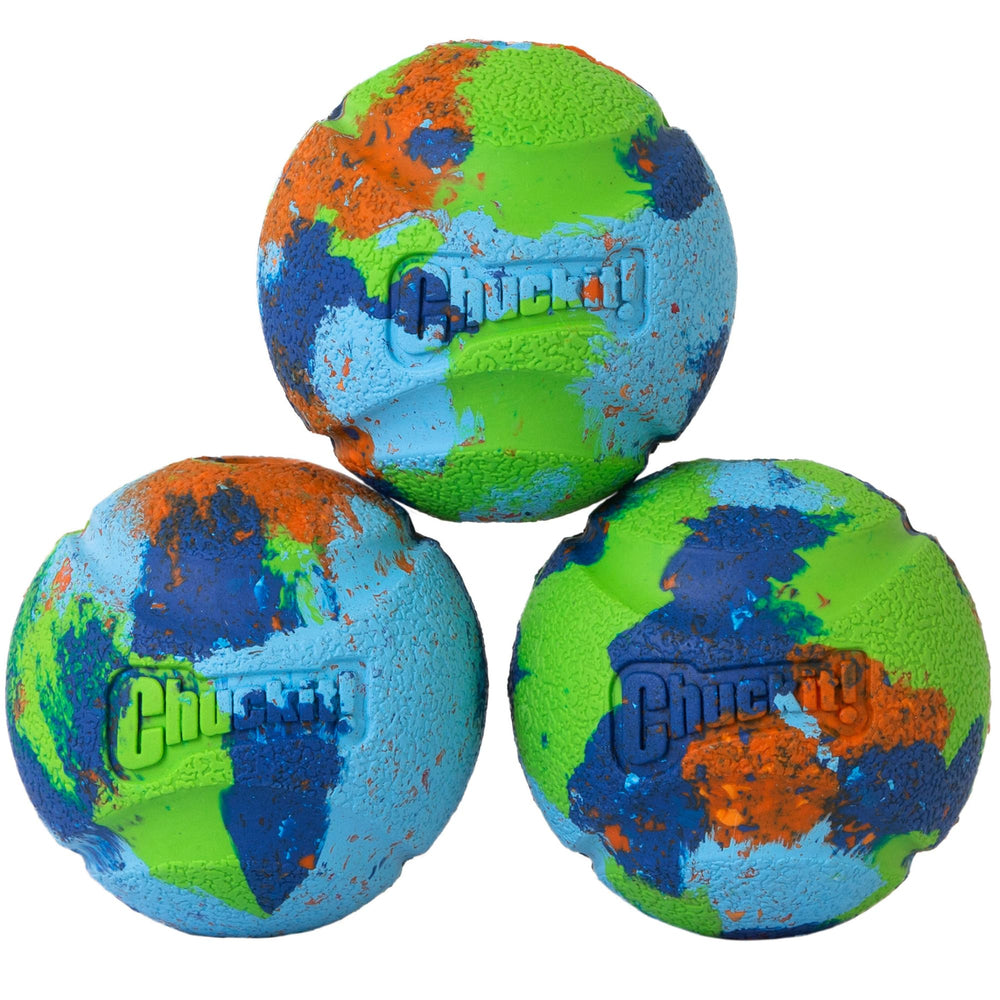 Chuckit EcoFetch ball close-up shows recycled rubber and bright visibility.