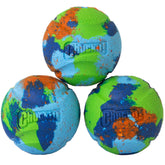 Chuckit EcoFetch ball close-up shows recycled rubber and bright visibility.
