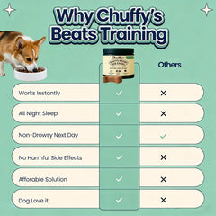 Packaging front of Chuffys Dreamy Pup Chews highlighting natural calm formula.