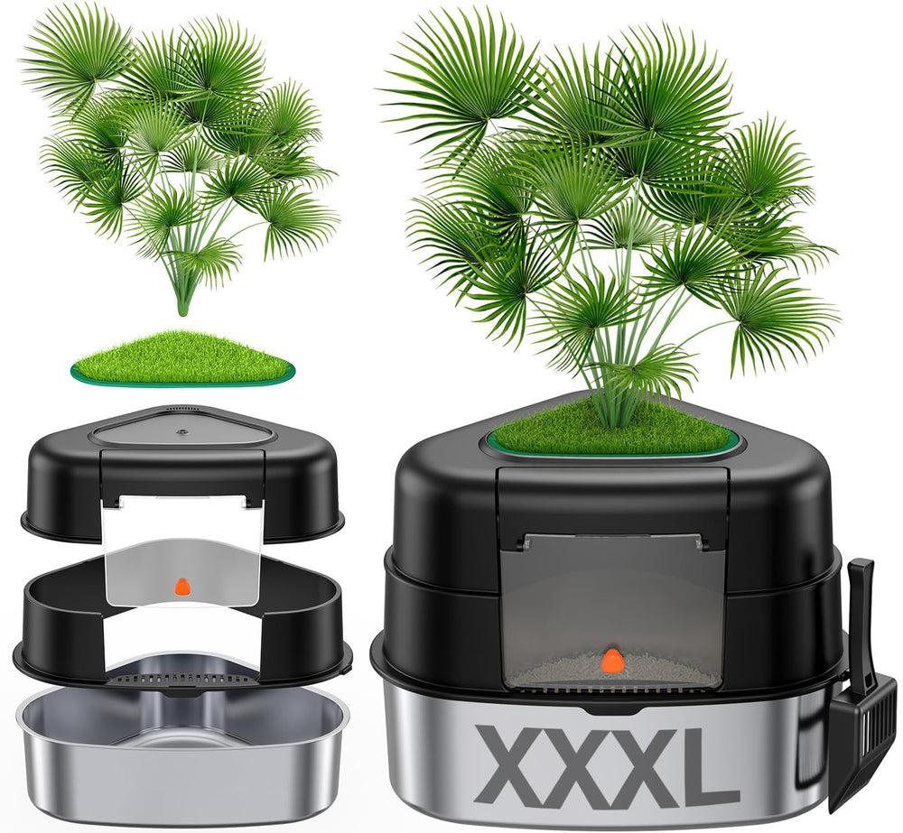 Chumajor XXL corner litter box with lid, discreet planter design for spacious cats.