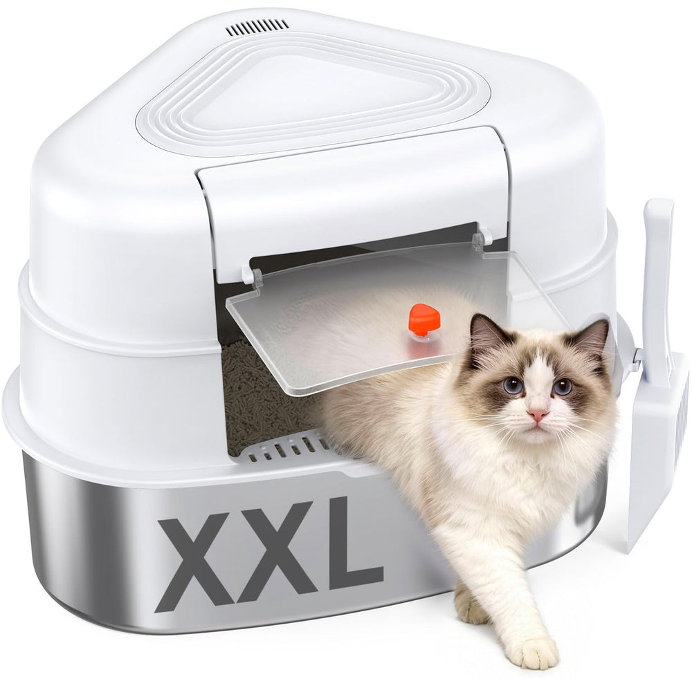 Chumajor XXL stainless steel corner litter box with lid, space-saving design for roomy corners.