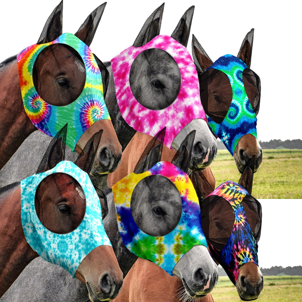 Chunful horse fly mask with ears tie-dye provides stylish eye and ear protection for riding.