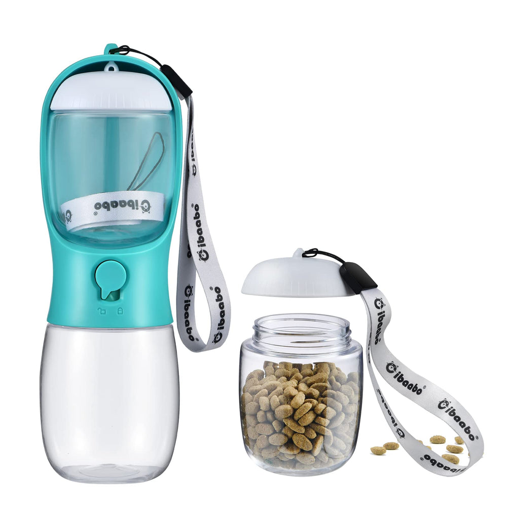 Cibaabo dog water bottle with food container for convenient on-the-go hydration.