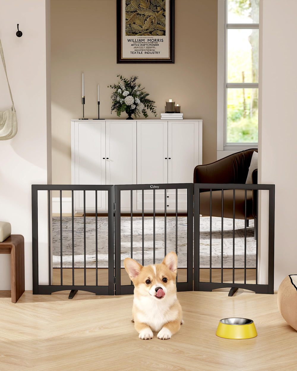 Cideny free standing dog gate setup in doorway for wall-safe containment.