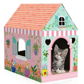 Cinrobiye cardboard cat house with scratcher and spring pattern provides cozy feline play.