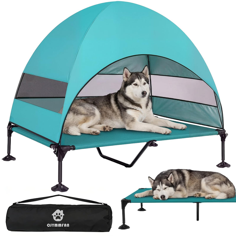 CJYMMFAN elevated dog bed with UV canopy for shaded outdoor lounging.