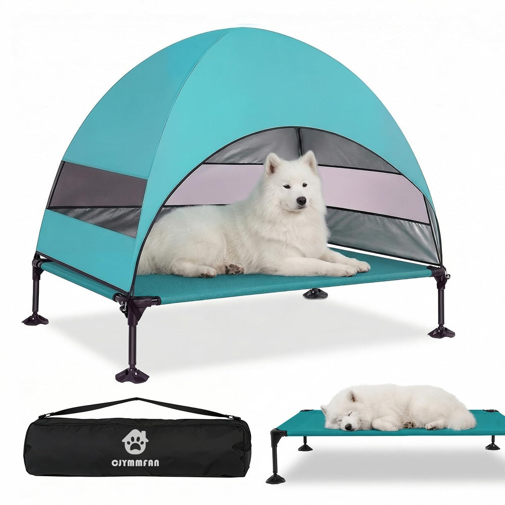 CJYMMFAN elevated dog bed with UV canopy providing shade for outdoor lounging