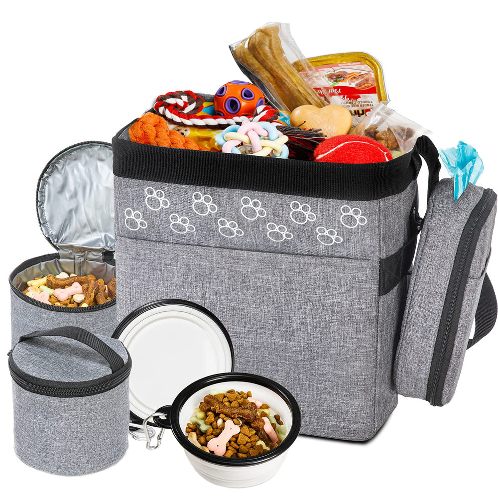 CLAWIST dog travel bag front view with pockets for treats and bowls, organizing essentials.