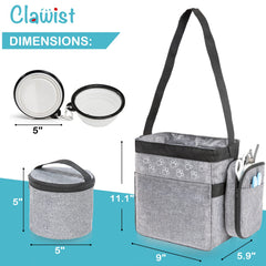 CLAWIST dog travel bag main compartments shown, designed to hold two food containers and toys.