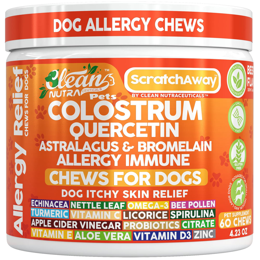 Clean Nutraceuticals dog allergy chews label promises premium ingredients for itchy skin relief.