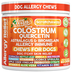 Clean Nutraceuticals dog allergy chews label promises premium ingredients for itchy skin relief.