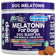 Clean Nutraceuticals Dreamy Paws beef-flavor dog chews on bottle label for calm nights.