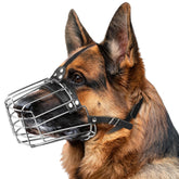 CleverTail dog muzzle with metal basket, front view, for secure grooming.