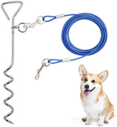 CLKHOWL dog stake with 16ft blue cable secured in ground for outdoor tethering.
