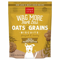 Cloud Star Wag More Bark Less peanut butter crunch biscuits for dogs.