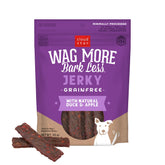 Cloud Star Wag More Bark Less pack shot showing duck and apple jerky for dogs