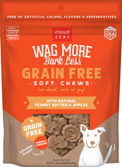 Cloud Star Wag More Bark Less soft chews; peanut butter and apples; soft texture for easy chewing.