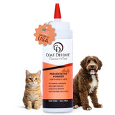 COAT DEFENSE daily powder bottle shown for easy at-home grooming and odor control.