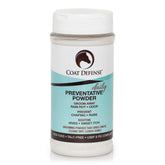 COAT DEFENSE daily powder bottle showing natural ingredients for itch relief and coat care.