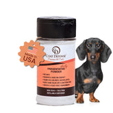 COAT DEFENSE daily powder bottle shows odor elimination and easy application.