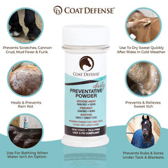 COAT DEFENSE powder applied to horse coat for itch relief and shine.