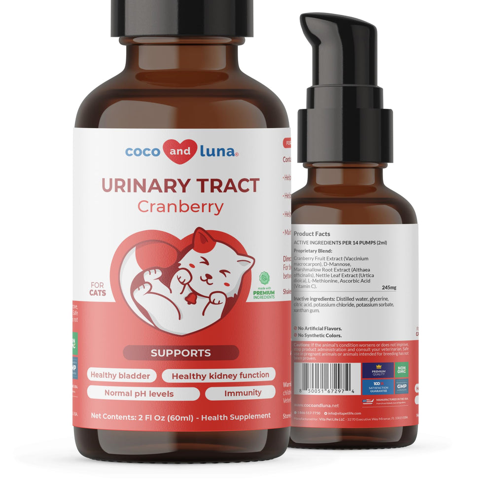 Coco and Luna Cranberry for Cats bottle with pump enabling mess-free daily dosing
