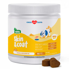 Coco and Luna Omega-3 dog soft chews bottle shows easy dispensing and coat nourishment.