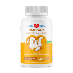 Coco and Luna Omega3 for dogs bottle promotes skin health and coat vitality.