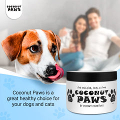 Coconut Essentials Coconut Paws bottle with drop, indicating gentle skin care for dogs.