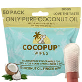 Cocopup dog teeth wipes pack showing 50 coconut oil-infused pads for gentle cleaning