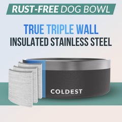 The Coldest Water dog bowl's rust-resistant steel resists wear during active meals.