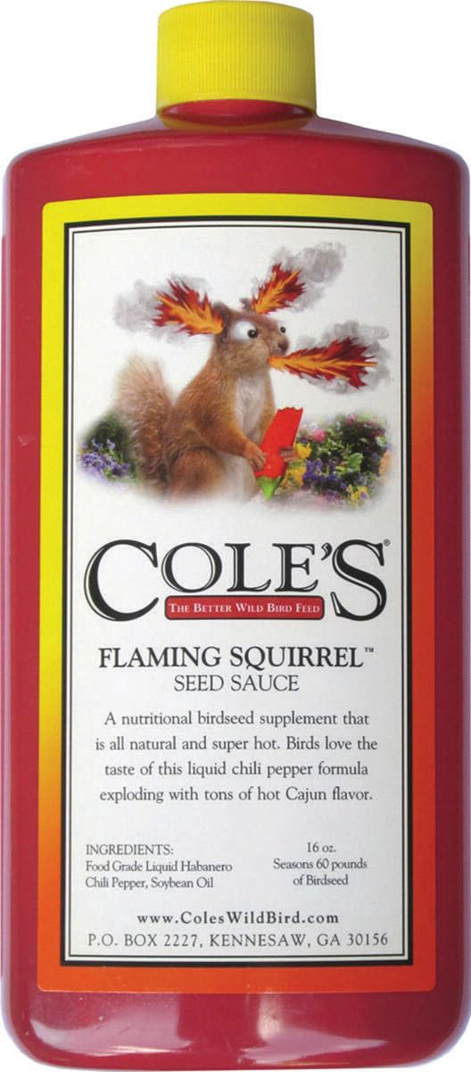 COLE'S FS16 Flaming Squirrel Seed Sauce bottle ready to attract birds.