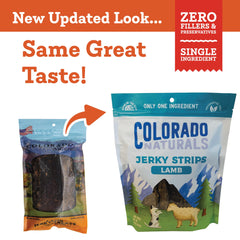 Colorado Naturals Lamb Jerky Strip closeup shows chewy texture and natural lamb flavor.