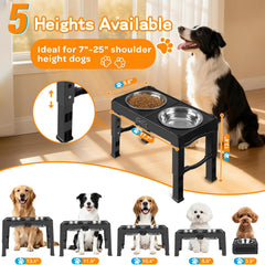 Foldable five-height COMESOON feeder levels for different dog sizes.