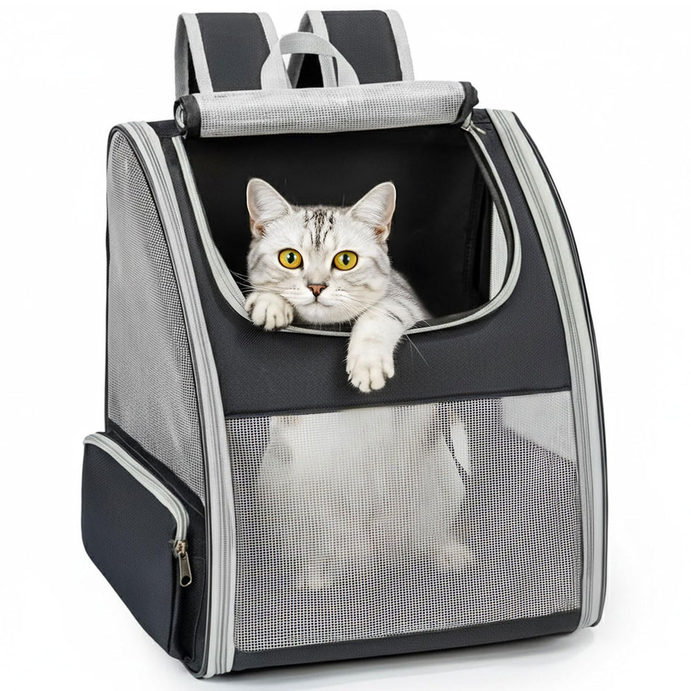 Conlun cat backpack carrier with three mesh panels for airflow and visibility.