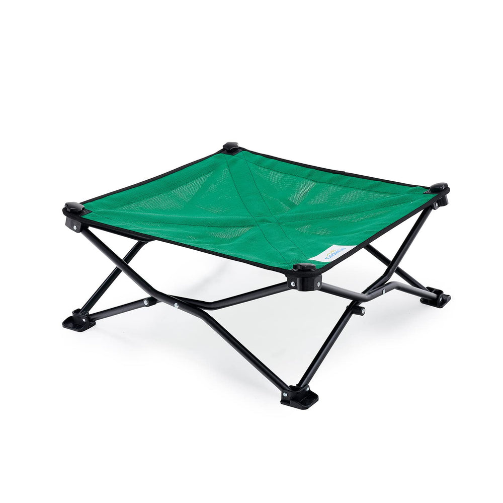Coolaroo On-The-Go elevated dog bed folded for compact travel and storage.