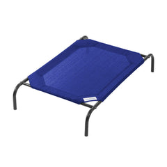 Coolaroo Original Elevated Dog Bed in aquatic blue offers cooling comfort outdoors